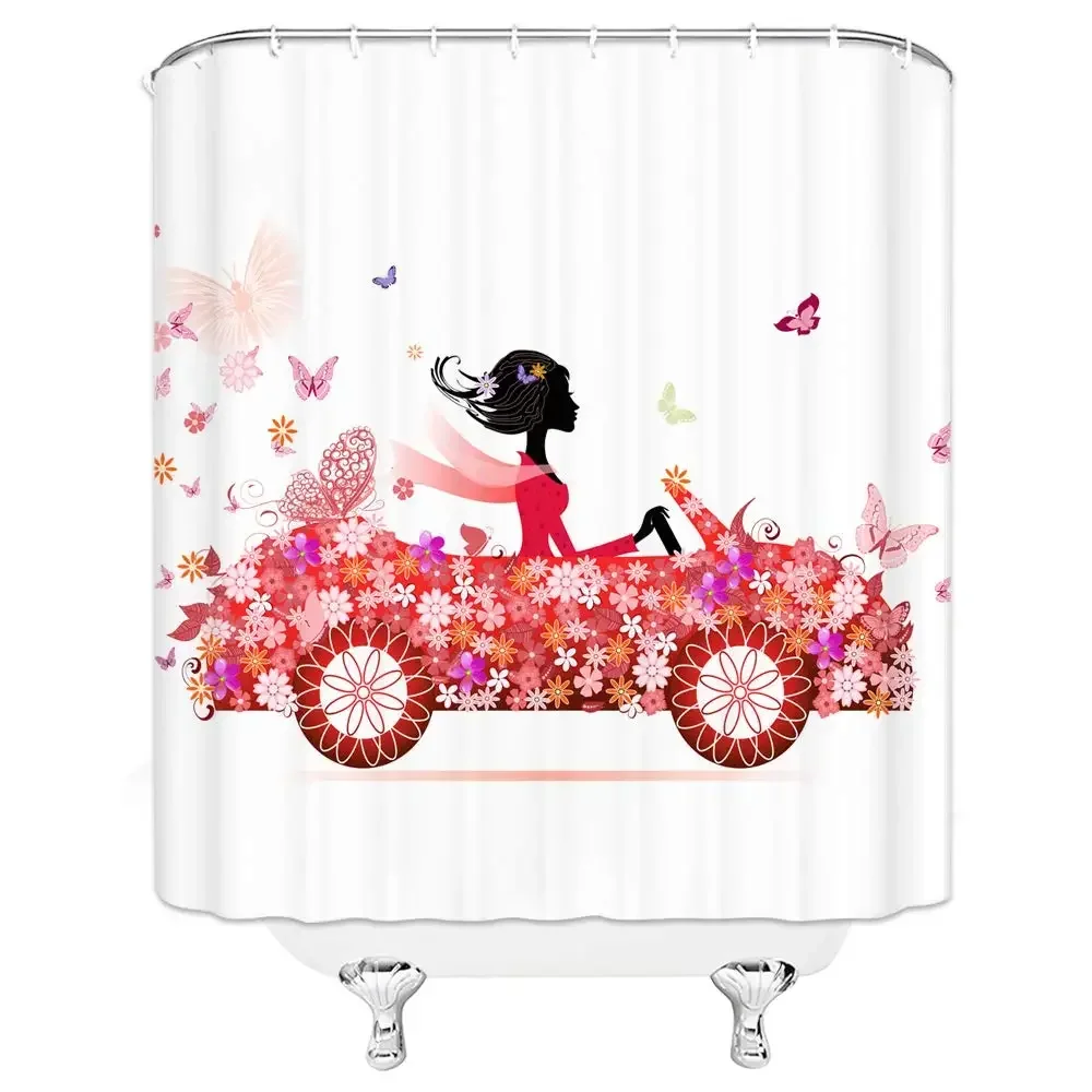 African Lady Shower Curtain Decor Black Girl Driving Flower Car