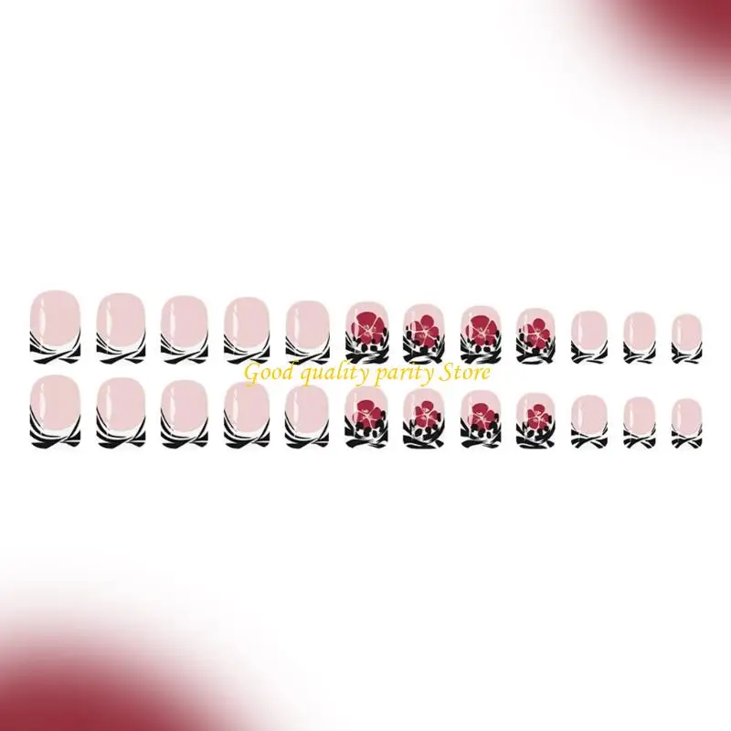 M4YA – lot 24 ongles artificiels en plastique à rayures noires rouges, paillettes florales à pression