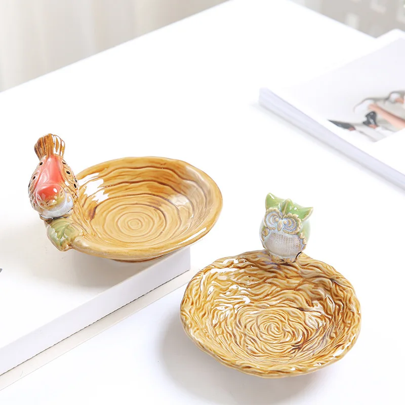 Wood Texture Ceramic Owl Bird Jewelry Tray, Multi-use Key Ring Storage Dish Vanity Entryway Table Decor Ornament