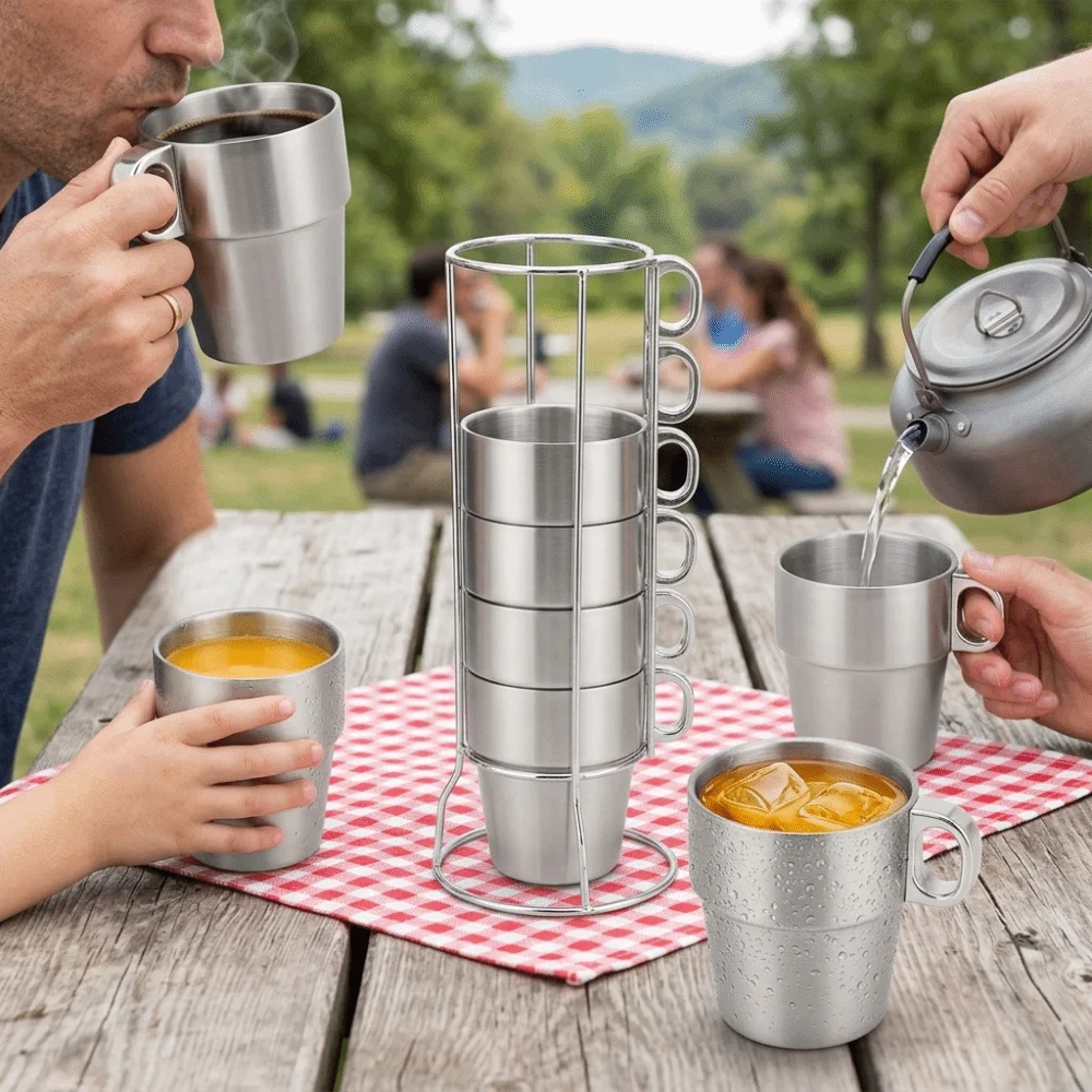 

6Pcs Easy Quick Clean Double Layer Outdoor Cup Foldable Heat Insulation Picnic Mug Lightweight Smooth Storage Cup Camping