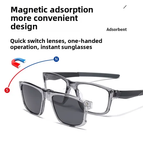 Imagen 1 del producto Nuevas gafas de sol polarizadas con clip negro para hombre, protección UV, gafas de sol magnéticas cuadradas Retro con montura gris totalmente transparente