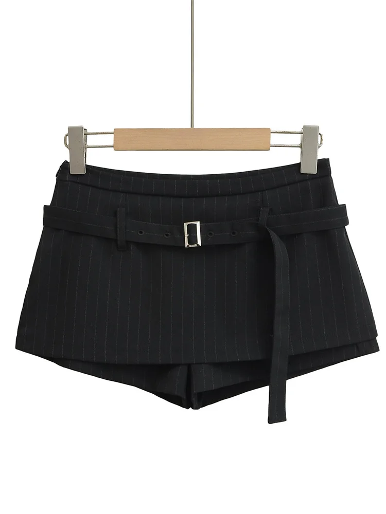 Slim Fit A-Line  Skirt with Belt Striped False Two-Piece Women's Summer Fashion High Waist Street Style Breathable Skirt