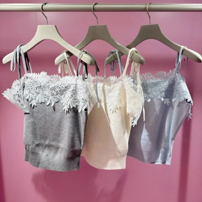 

2025 Autumn Winter New Japan Style Elegant Knit Pullovers Off Shoulder Lace Hook Flower Camisole Sweaters Sweet Jumpers