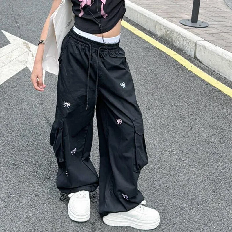 Korean Children's Fashion Cargo Pants With Bow Print Quick Dry Casual Trousers For Girls Spring Summer New Arrival Sweatpants