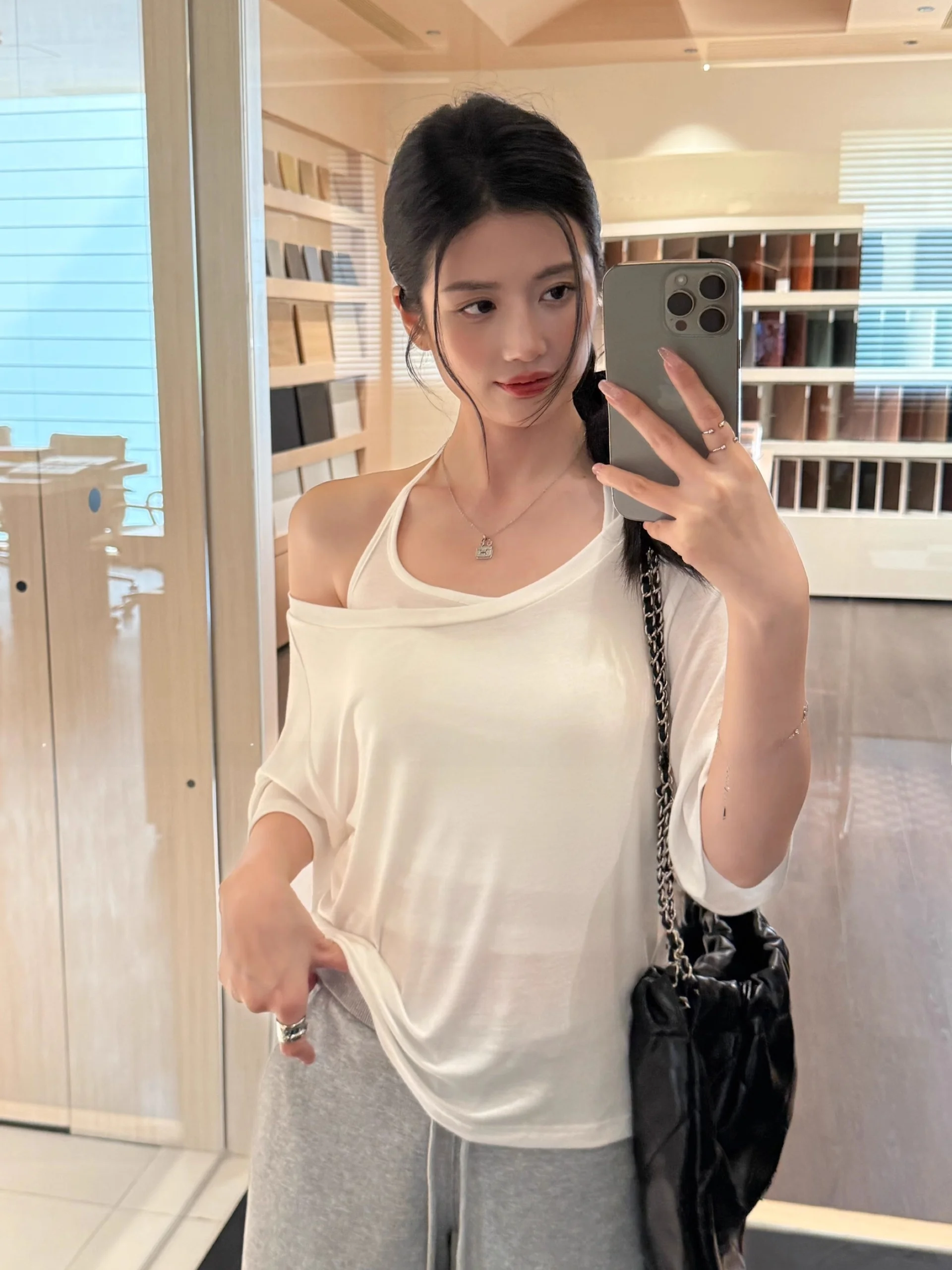

White Shoulder Strap Short Sleeve T-Shirt Women's Summer Loose Slimming Top Inner Wear Two-Piece Set Breathable Sweat-Wicking