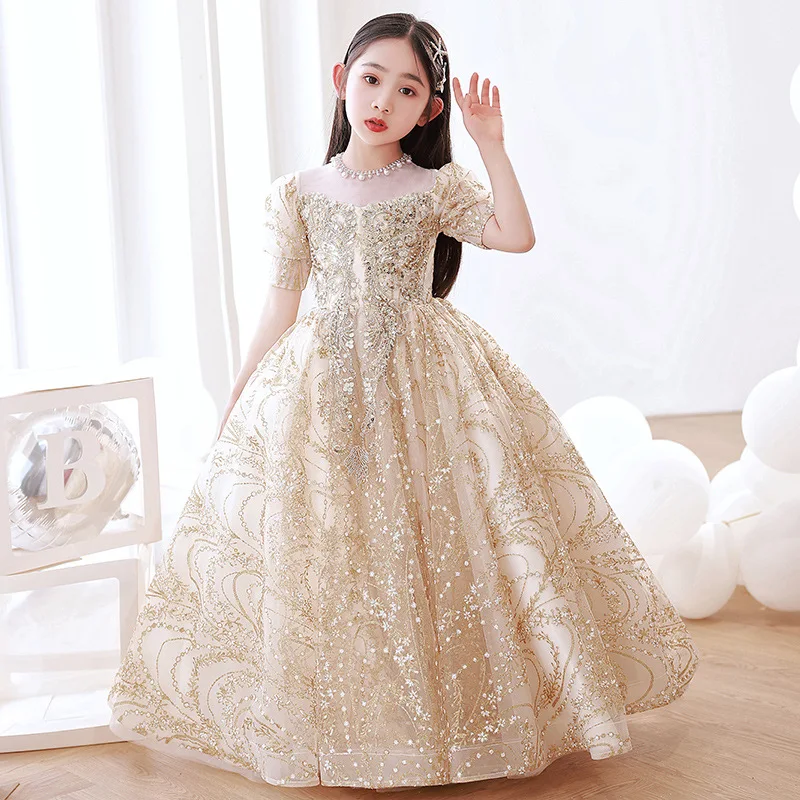 

Children's Party Dress Princess Gown Flower Girl Puffy Tulle Champagne Color Host Evening Dress Girls Piano Performance Costume