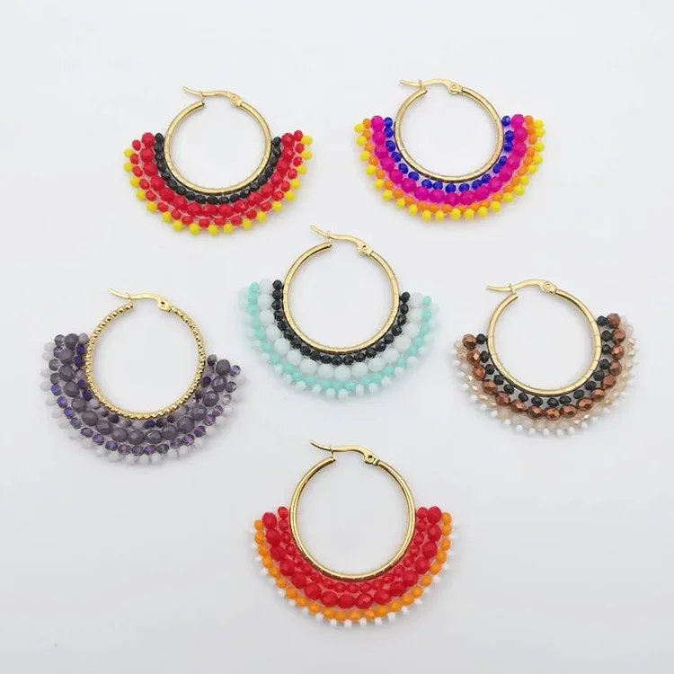 

Big Circle Earrings Hand knitting Beading Bohemia fashion multi-storey originality geometry alloy ma'am Rice Bead Earrings