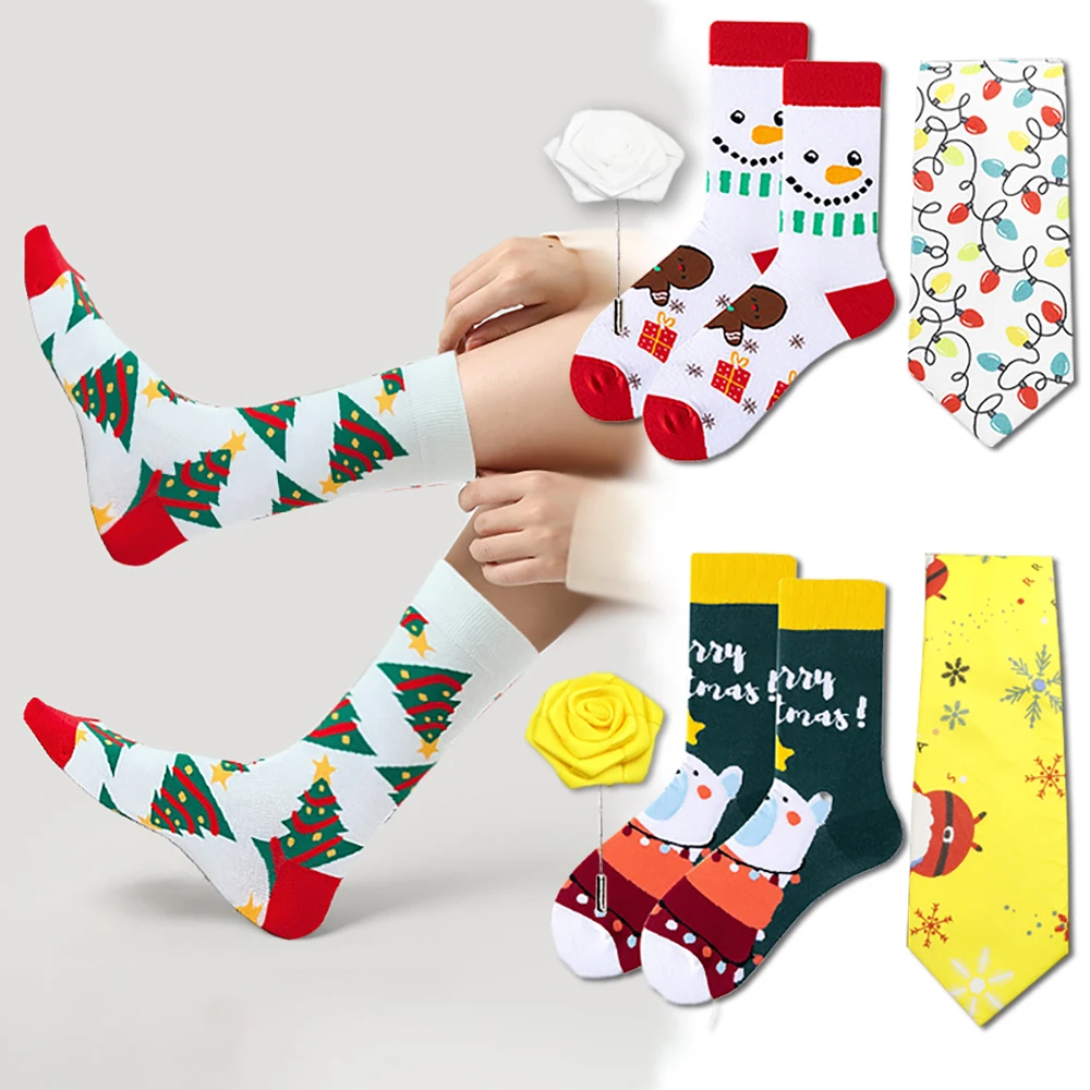 

Men's Christmas Cotton Tie Set With Flower Brooch Santa Claus Snowman Cartoon Printing Cristmas Middle Tube Socks As Xmas Gifts