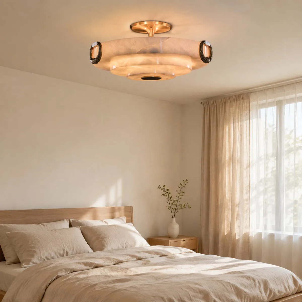 French Retro 2026 Spanish Alabaster Ceiling Lamp Tiered Marble Shade Antique Brass Ring Light Fixture for Bedroom Hallway