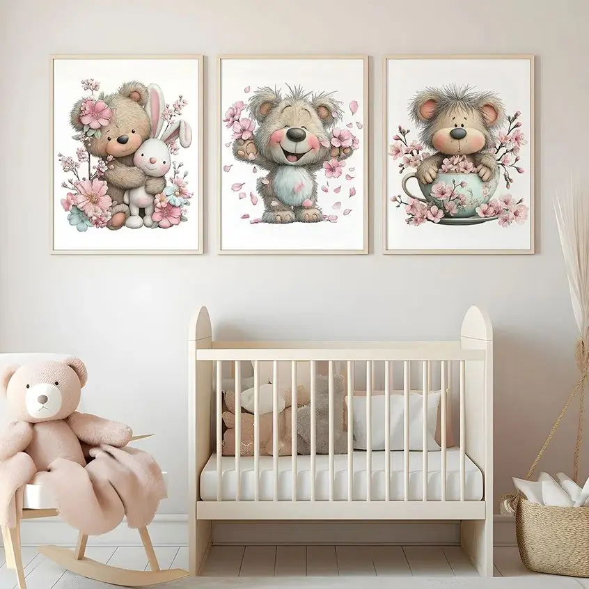 

Watercolor Cute Bear Bunny Flower Series Wall Art Canvas Poster Prints Home Wall Decor Kids Bedroom Nursery Soft Pastel Wildlife