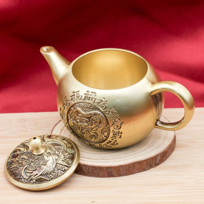 New Brass Hundred Blessings Dragon and Phoenix Teapot New Chinese Style Home Tea Set Tea Ceremony Supplies Desktop Decoration Or