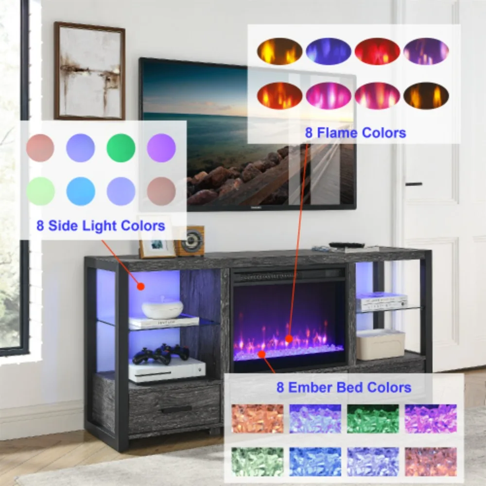 60 Inch Electric Fireplace Media TV Stand with Sync Colorful LED Lights-Dark Rustic Oak Color