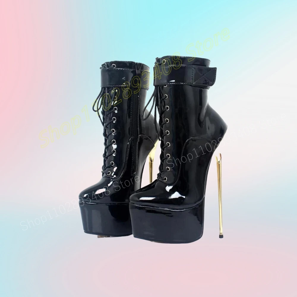 Sexy Metal Stiletto High Heel Platform Ankle Boots Patent Leather Buckle Cross Tied Fashion Women Shoes 2024 Zapatos Para Mujere