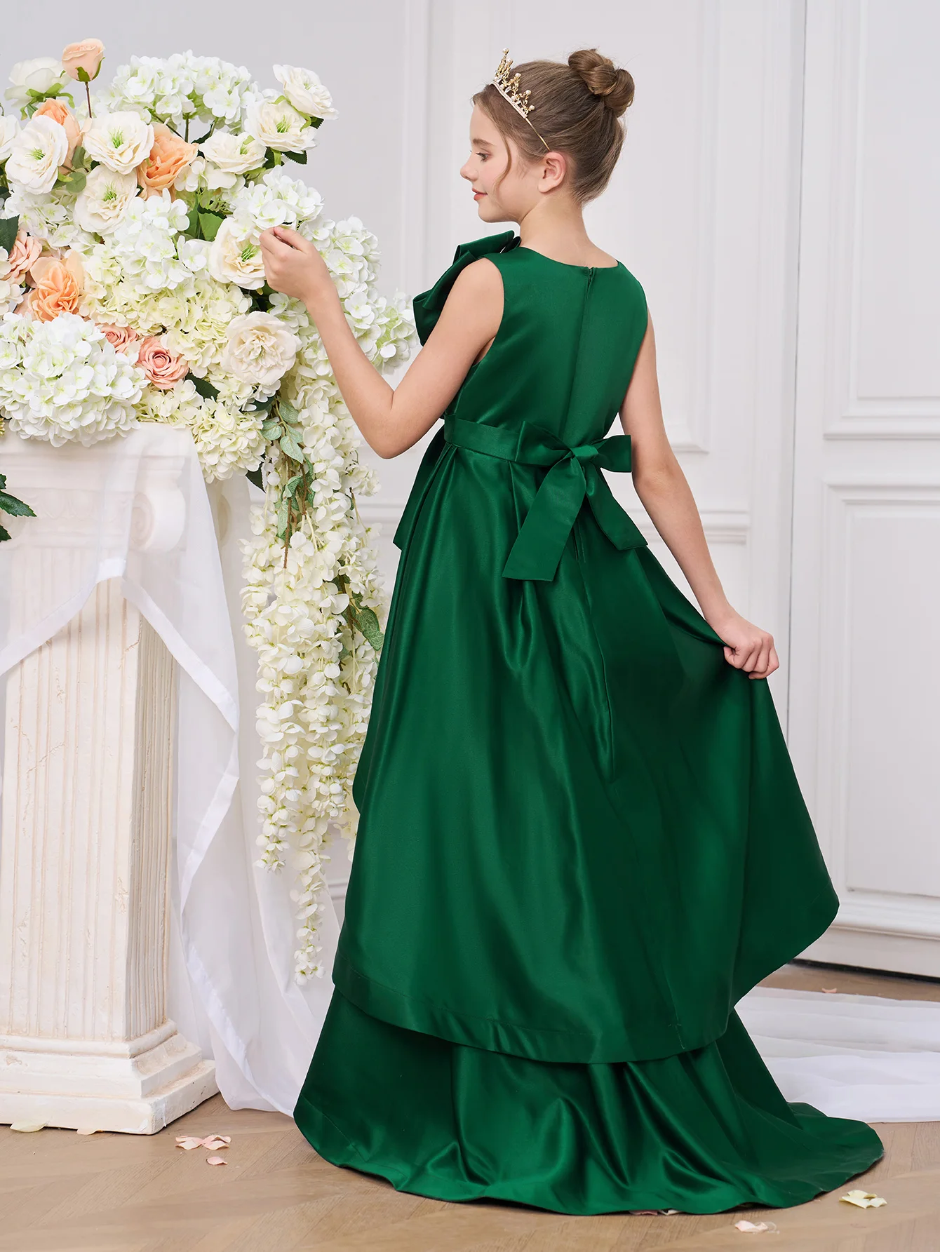 Vintage Big Flower Bridesmaids Girls Dress Elegant Christmas Princess Party Prom Dress for Kids Wedding Birthday Graduation Gown