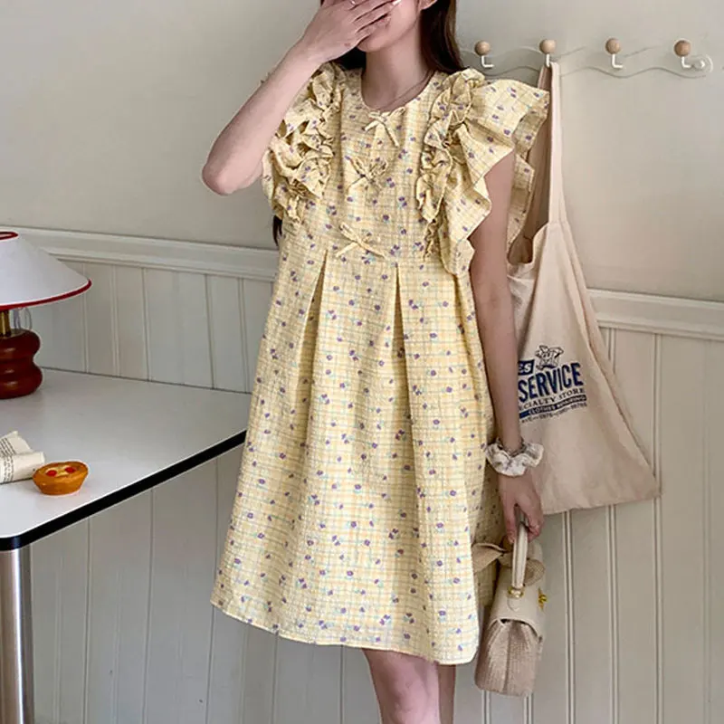 Fashion Ruffles Flying Sleeve Midi Dress Female Clothing Korean Broken Flowers Summer New Spliced Sweet Bow Loose A-Line Dresses