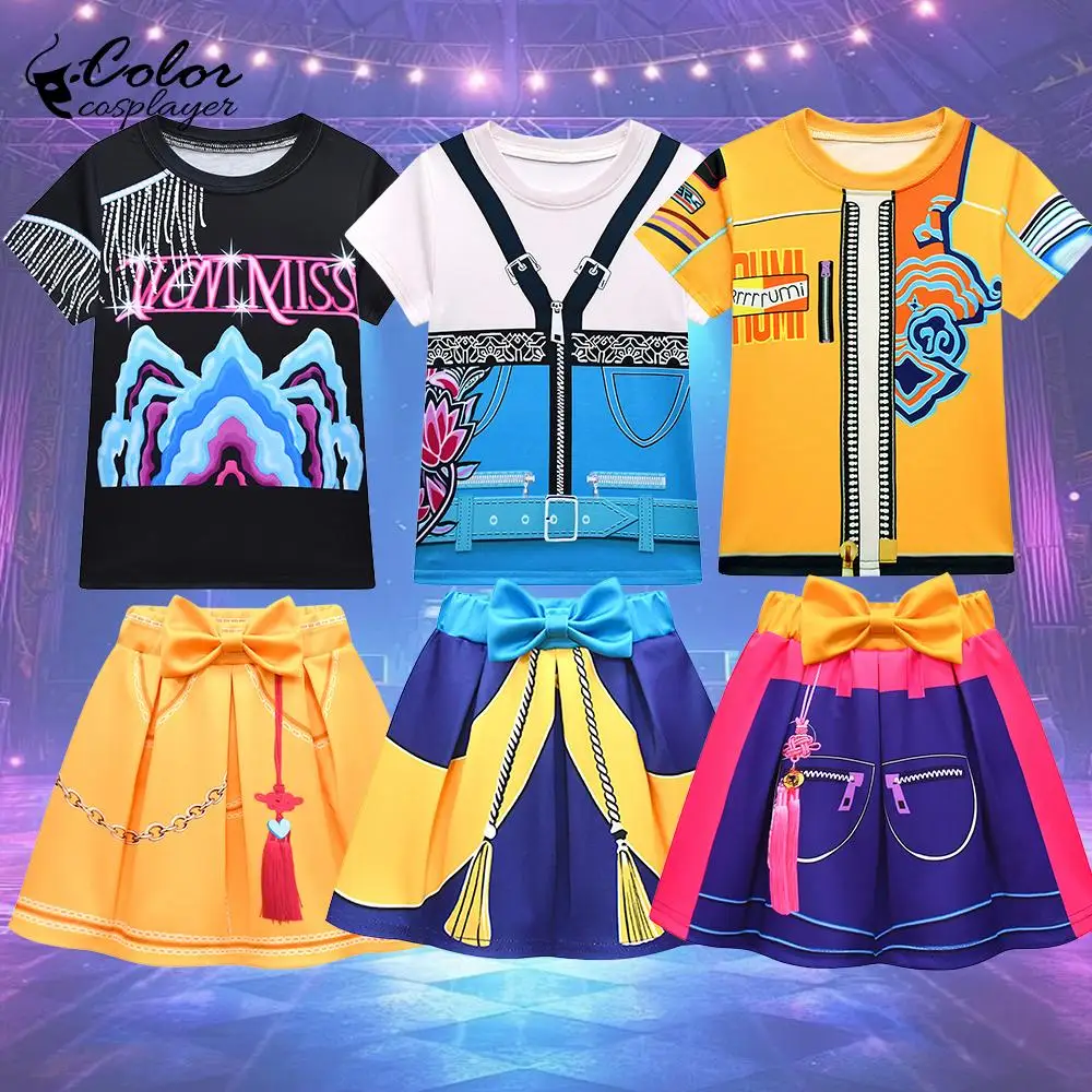 

Halloween T-Shirt Set Anime Girl Mira Cosplay Costume Kpop Demon Hunters Skirt Suit Dress Up Idol 2 Piece Set Kid Tee Skirt