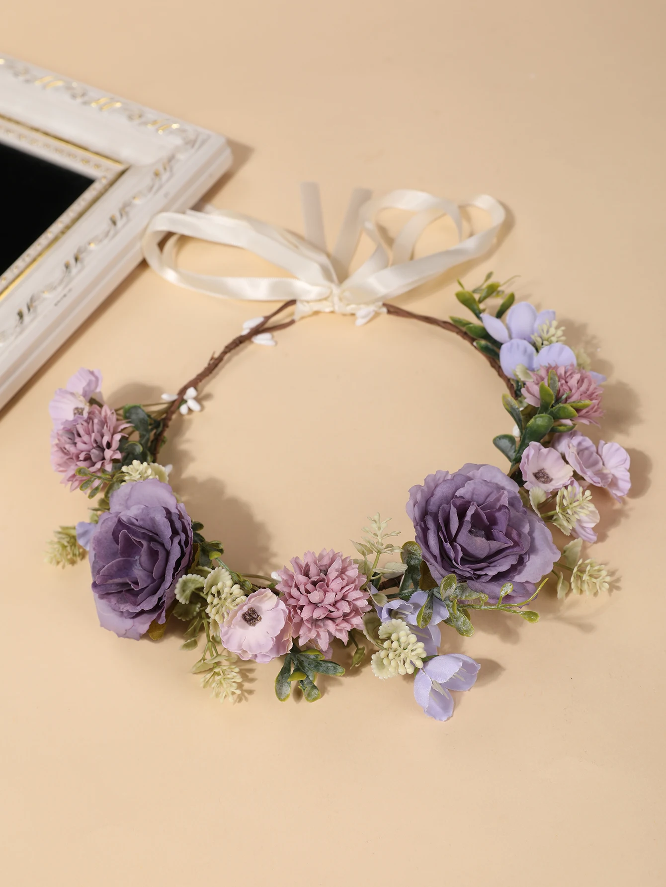 Vintage Taro Purple Rose Artificial Flower Wreath Headpiece, Forest Style Ribbon Flower Crown, Bride Wedding Dress Travel Photo Shoot, Bridesmaid Flower Girl Beach Vacation Flower Headband