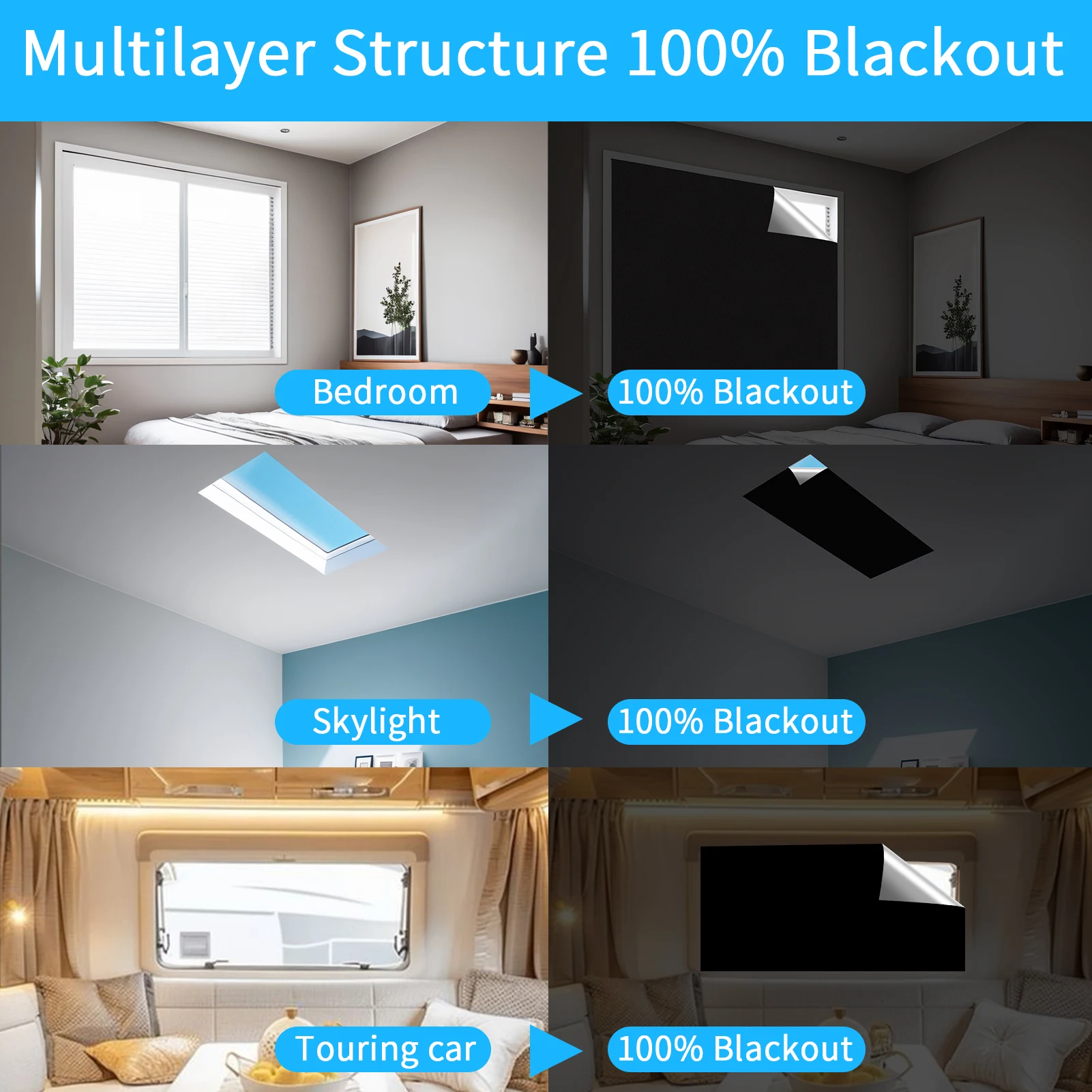 100% Blackout Curtain Removable Portable Travel DIY Blocking Window Film For Living Room Home Non-perforate No Drill Black Cloth