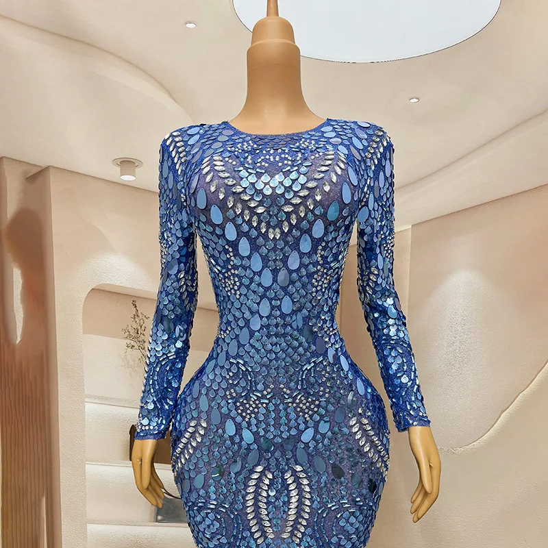 วันเกิดเพชรประสิทธิภาพชุด Royal Blue Sequins Slim สั้นชุดนักร้องรุ่น Walk Show Party Vestido De Fiesta Grad