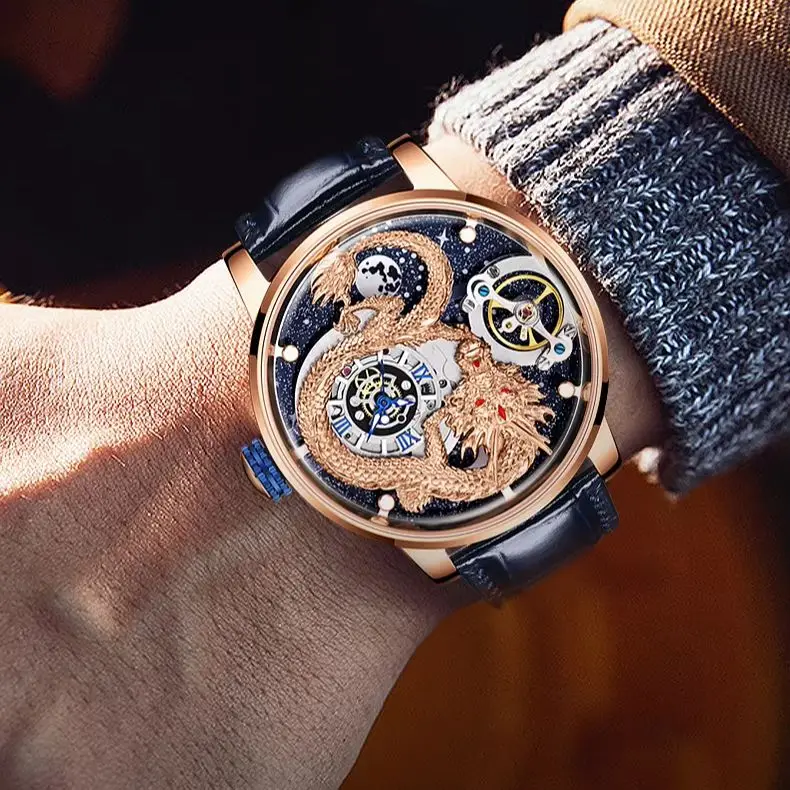 HANBORO Men Automatic Watch 45.5mm Mechanical Wristwatch 5ATM Rotatable Luminous Backgroud 3D Carved Dragon Dial