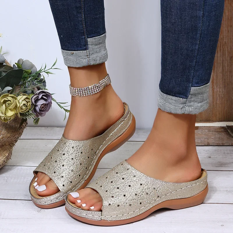 Ladies Slippers Rhinestone Platform Women Sandals Fashion Hollow Wedge Shoes for Women Summer Open Toe Big Size Beach Footwear