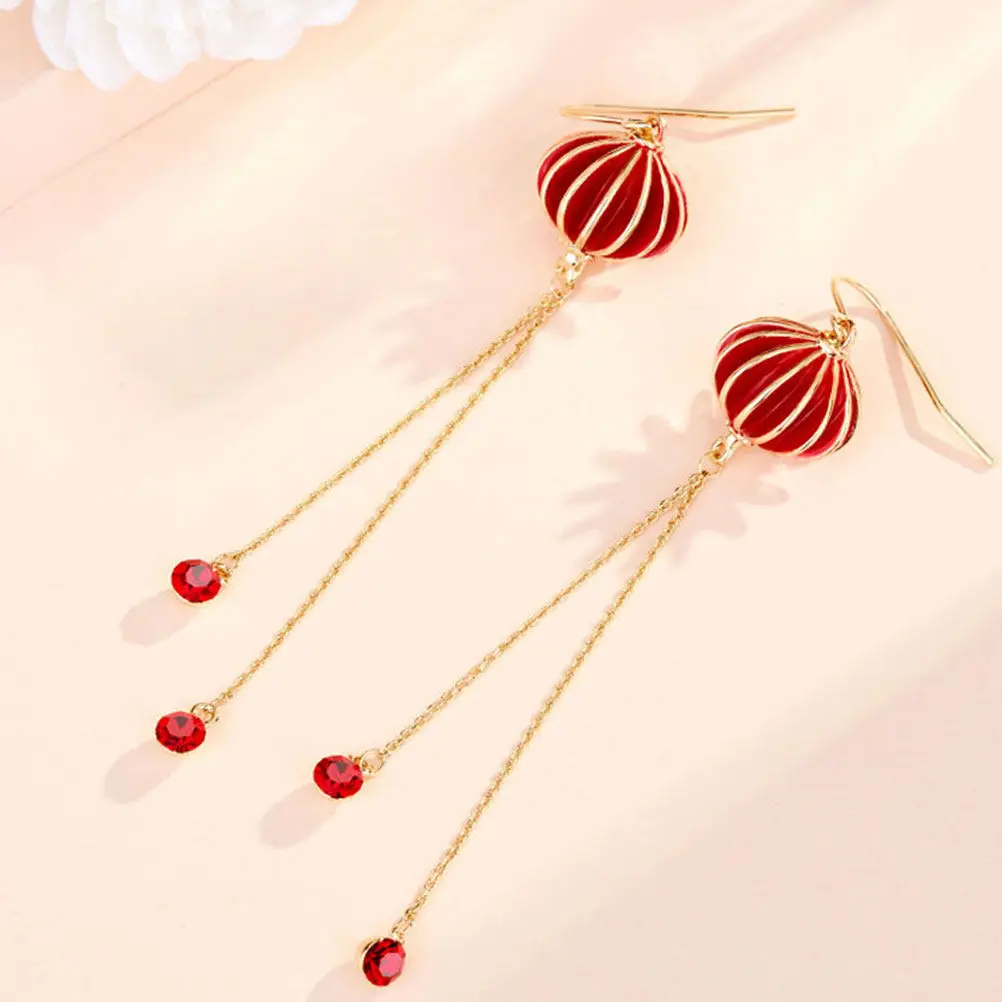 1Pair Chinese Style Lantern Tassel Earrings Long Eardrops Elegant Ear Jewelry Perfect Gift for Women Ladies Tassel Eardrops