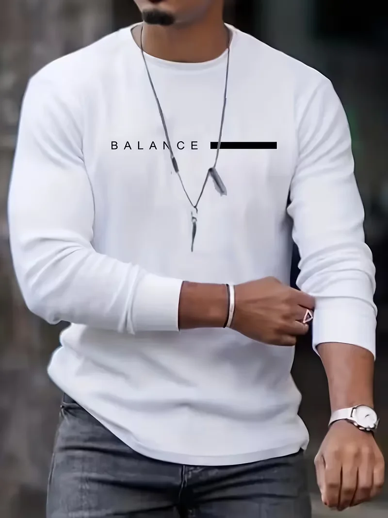 Men's Long Sleeve T-shirt BALANCE Letter Print Round Neck Casual Tops Spring Autumn Basic Tees Slim Fit Mens Daily Wear Shirts