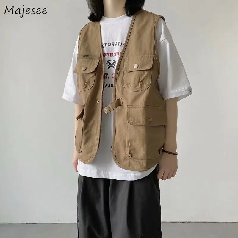 

Summer Cargo Vests Men Vintage Sleeveless Multi-pockets Coat High Street Personality Teens All-match Handsome New Japanese Style