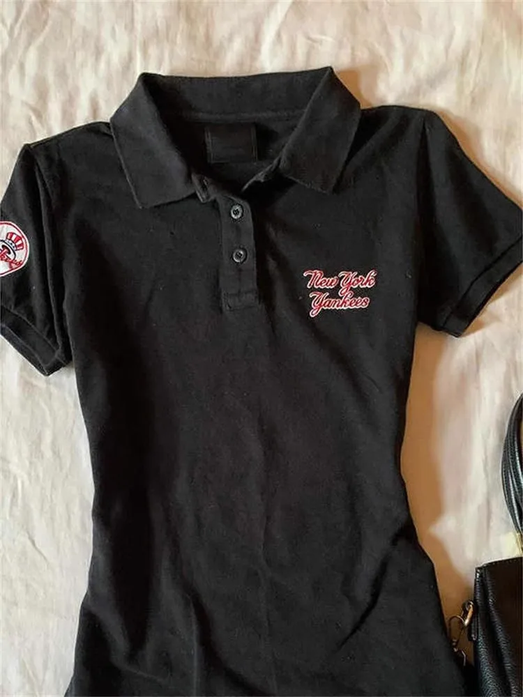 Camiseta de Manga Corta con Cuello , Corte Ajustado, para Mujer, Verano 2025, Nuevo Estilo Coreano, con Estampado de Text...