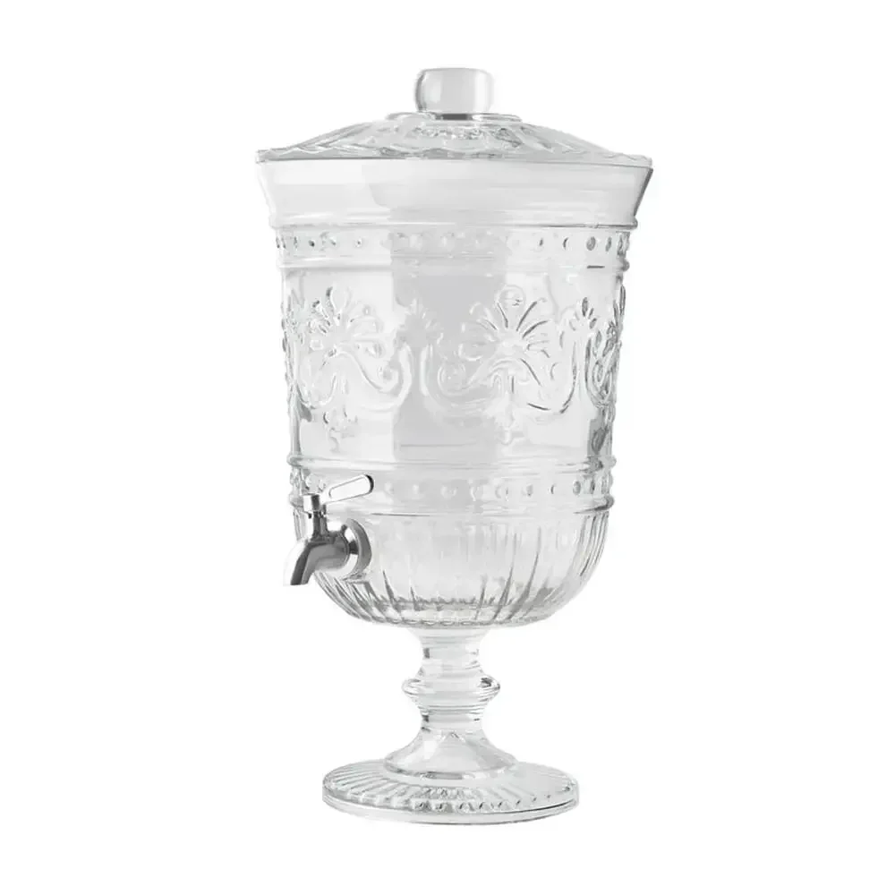 Farmhouse Glass Beverage Dispenser 2-Gallon Cassie Pattern Vintage Style Elegant Iced Tea Punch Single Serve Clear Embossed