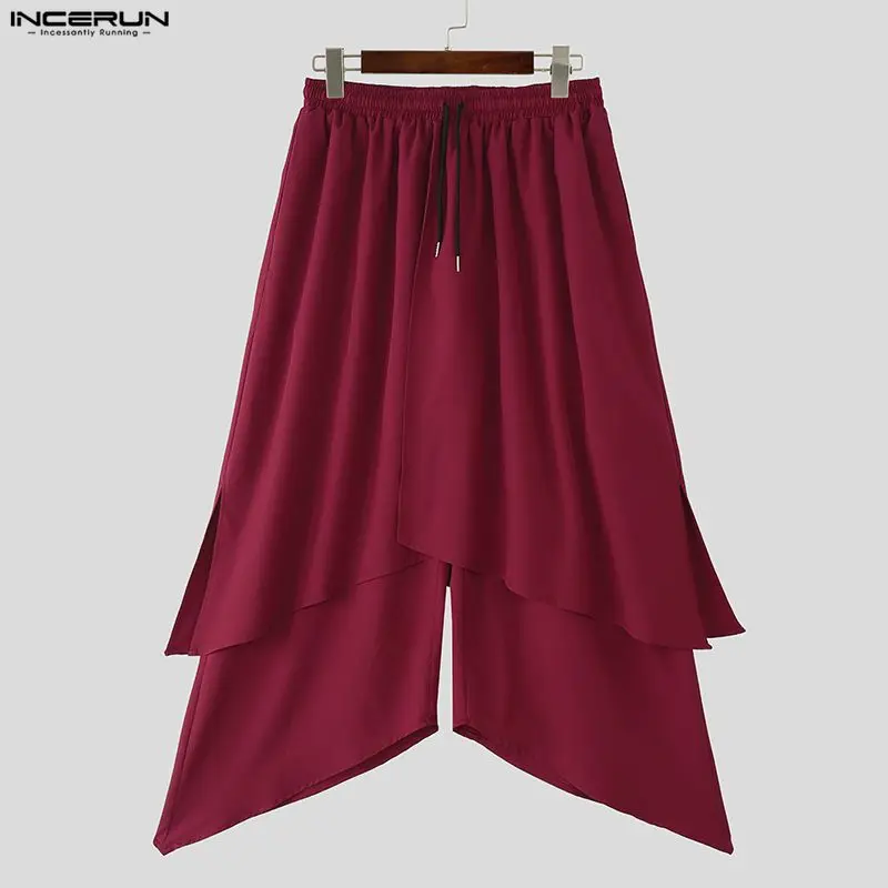 

INCERUN Men Irregular Pants Solid Color Drawstring Loose Casual Wide Leg Trousers Men Streetwear 2025 Fashion Male Skirts Pants
