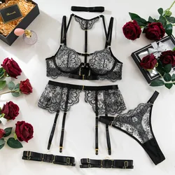 New Fashion Heavy Industry Embroidered Lingerie Set with Metal Buckle Women's Sexy Perspective Front Open Button Five Piece Set