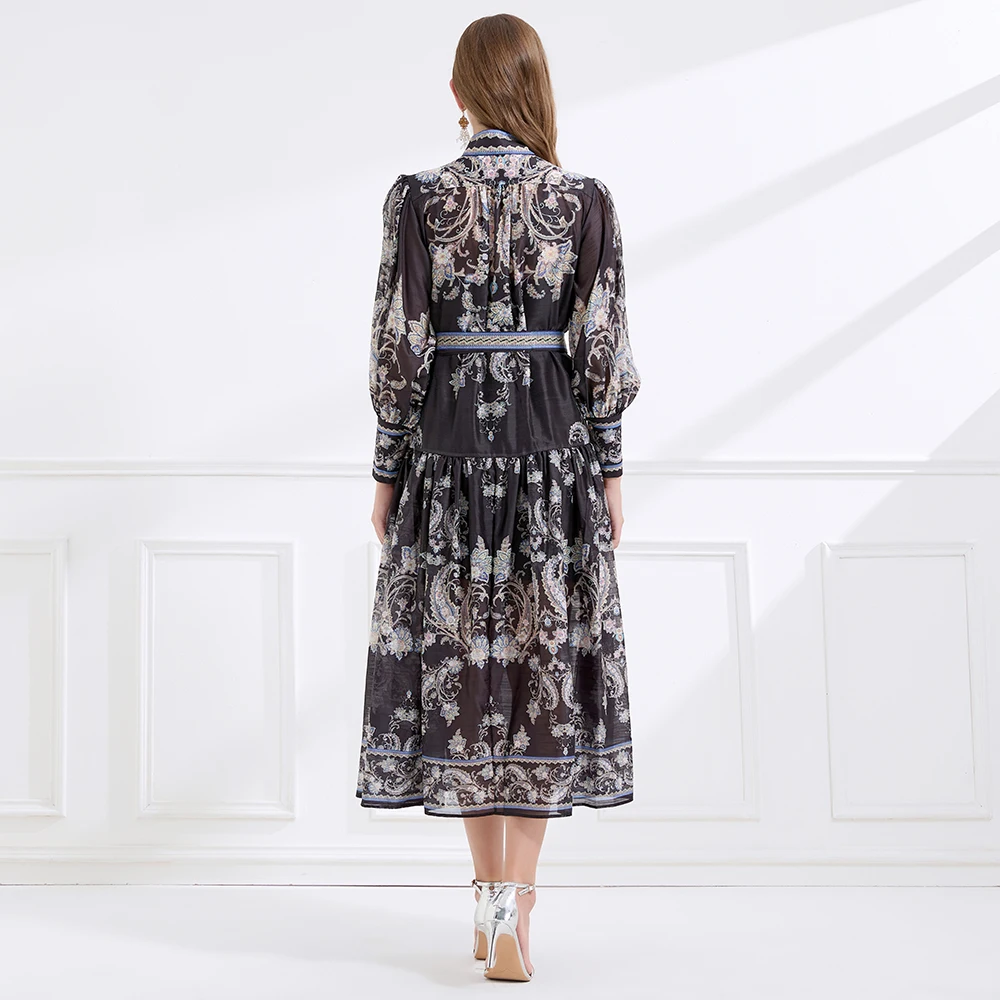 Jesienna Francuska Suknia Wieczorowa w Stylu Retro Królewskiego Dworu Damska Sukienka z Stójką Zapinana na Guziki z Nadrukiem Długa Elegancka Sukienka na Imprezę Formalną