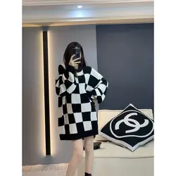 2023 New Autumn and Winter Fashion Niche Lazy Style Round Neck Long Sleeved Checkerboard Casual Loose Oversized Thick Sweater