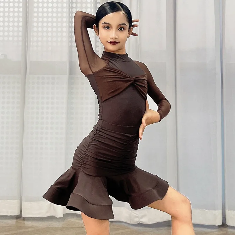 Girls Long Sleeve Latin Dance Dress, Kids Professional Standard Training Performance Outfit, Mesh Skirt Autumn Winter Dance Wear
