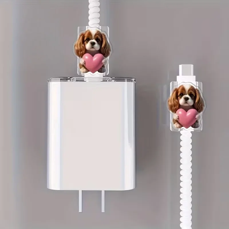 2D Flat Acrylic Data Cable Protective Cover Cute Dog Holding Pink Love Suitable for Type-C Decorative Accessories Gifts Fun
