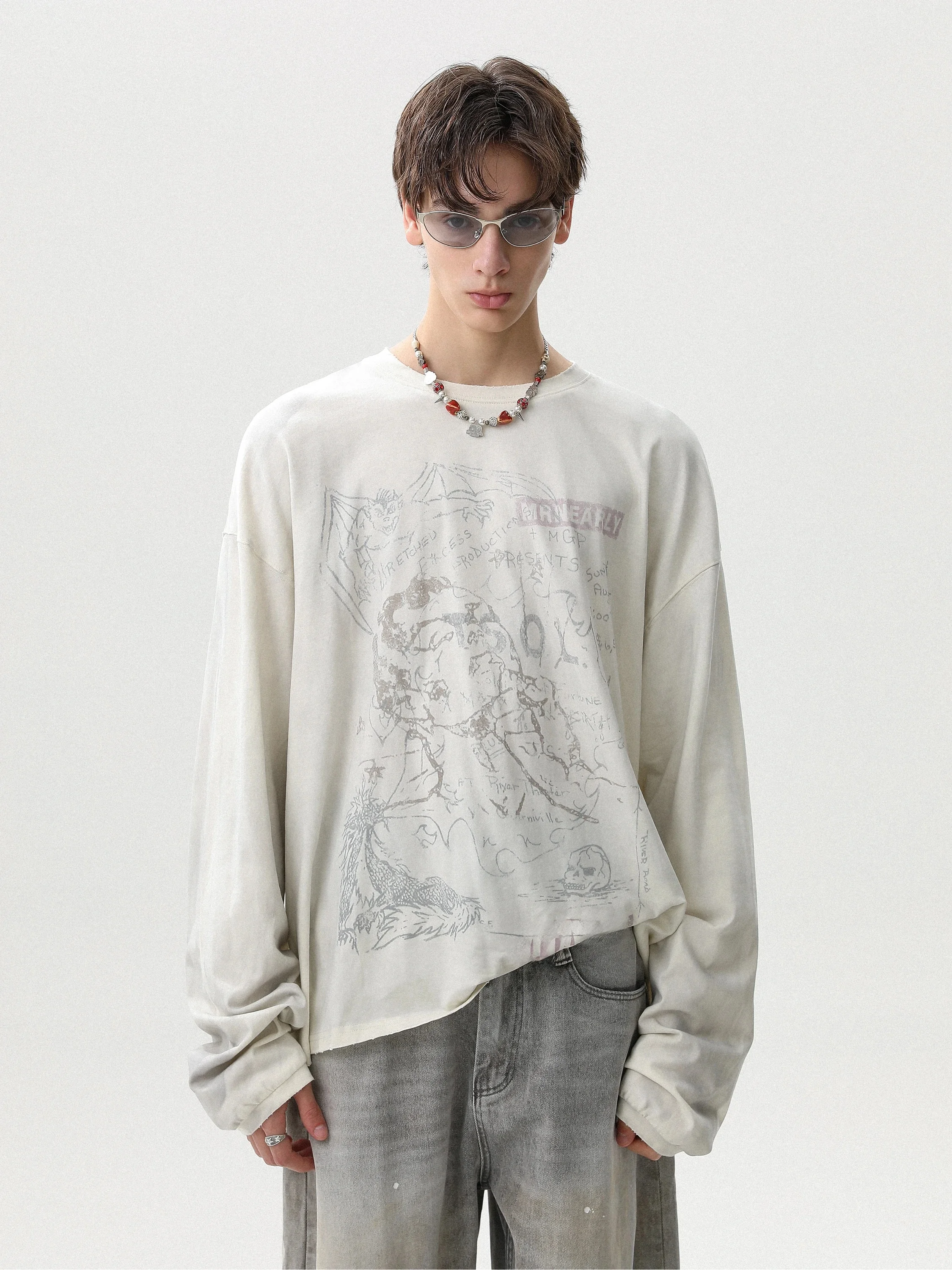 MRNEARLY American Retro Dirtied Pure Cotton Long Sleeve T-shirt Loose High Street Cool Brand Men Women Fashionable Top