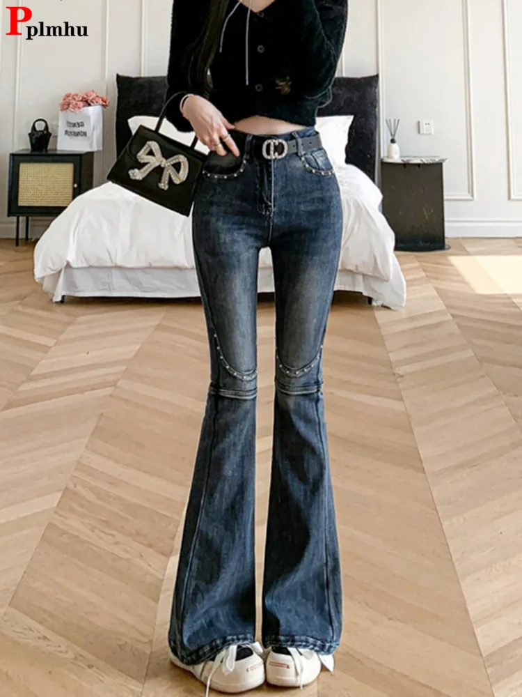 Design Rivet Strecth Flare Vaqueros High Waist Skinny Casual Boot Cut Jeans Korea Streetwear Women New Vintage Denim Pants