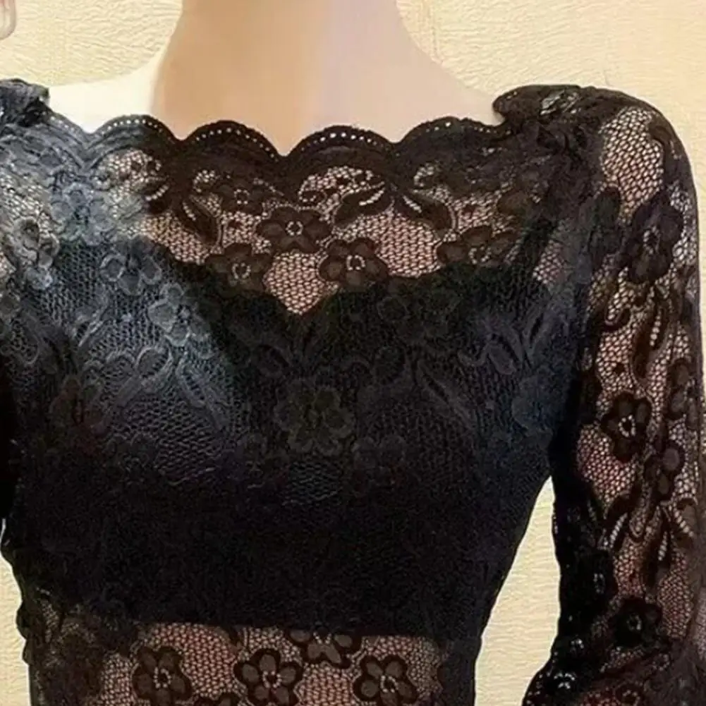 Women Summer Cropped Tops Half Sleeve Blouse See-through Embroidery Summer Floral Lace Blouse Black White Long Sleeve Top