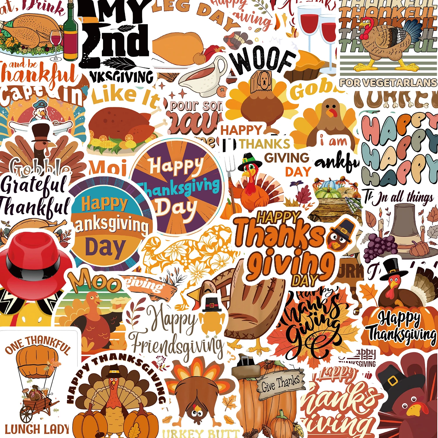 50PCS Thanksgiving Day Sticker Cartoon Cute Children DIY Scrapbooking Gift Decoration Stickers PVC Waterproof Funny Kawaii Decal