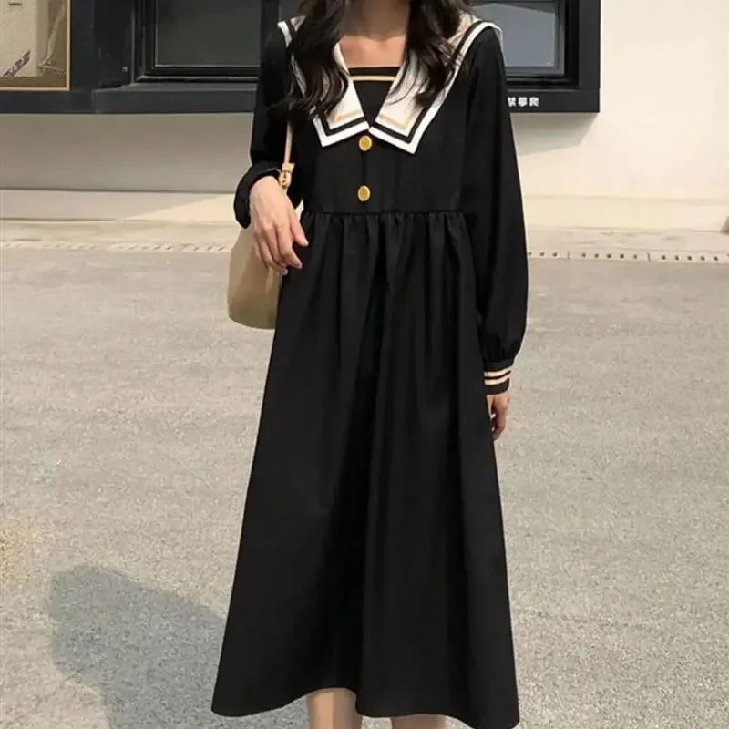Japan Preppy Style Long Dress Female Clothing Sailor Collar Spring Autumn Contrasting Colors Stylish Patchwork A-Line Dresses