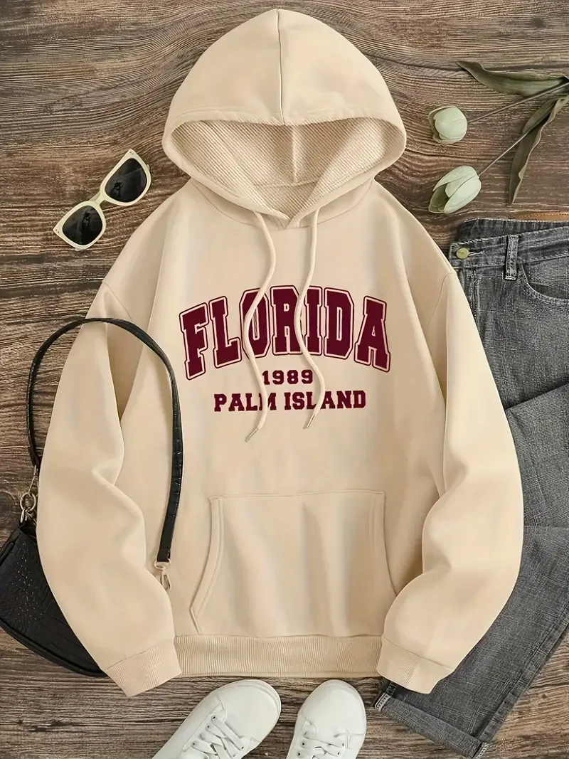 Women's Casual Pullover Hoodie With Florida 1983 Palm Island Graphic, Fashionable All-Match Style, Comfort Fit - Available In Mu