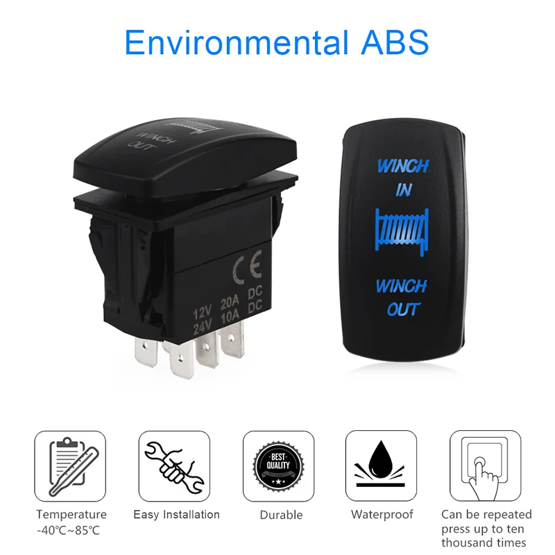 Herorider 12V 24V Winch In Winch Out Rocker Switch (ON) -OFF- (ON) 7 Pin Laser Blue Momentary Rocker Toggle Switch Led Blue