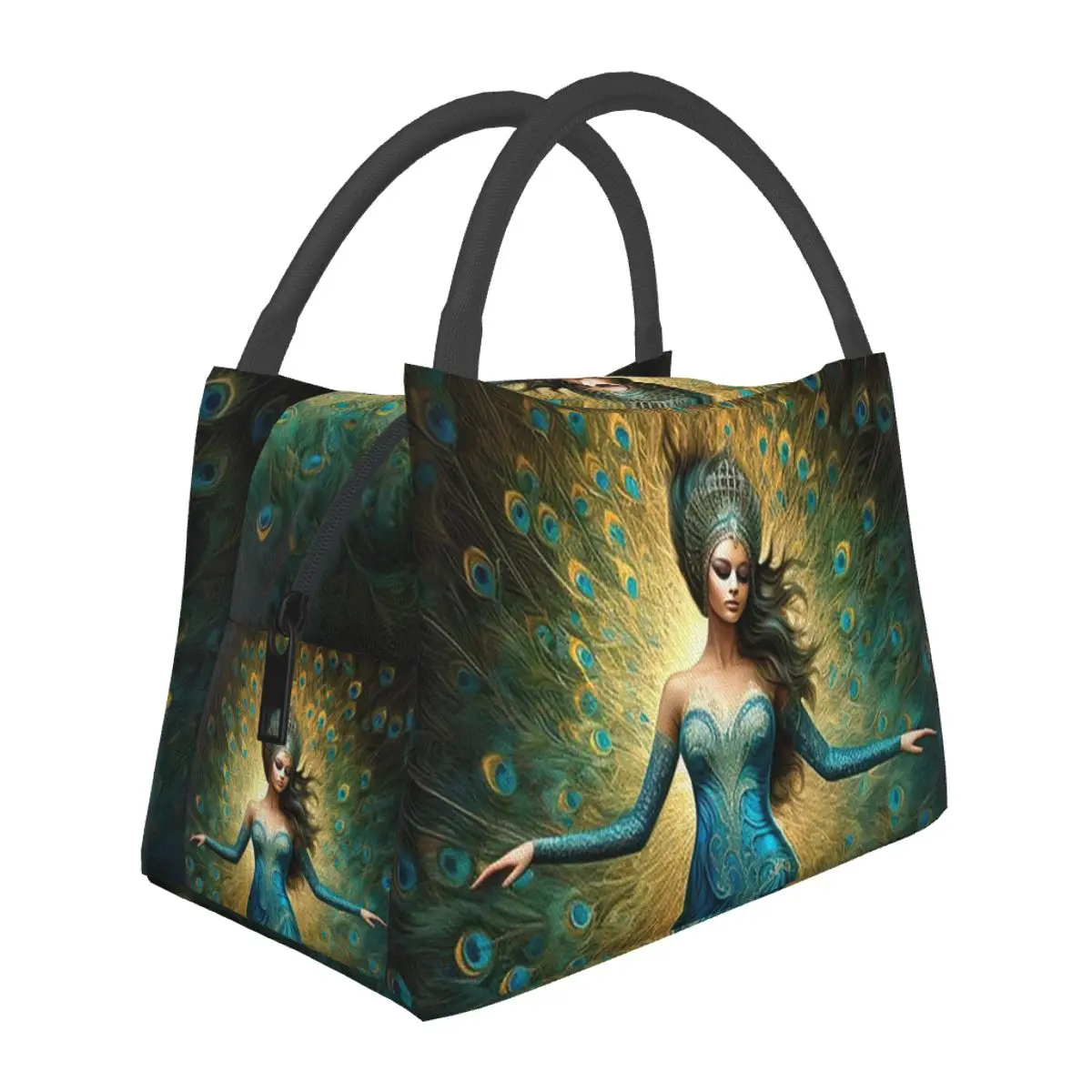 Peacock Feathers Lunch Bags Insulated Bento Box Leakproof Lunch Tote Picnic Bags Cooler Thermal Bag for Woman Student School