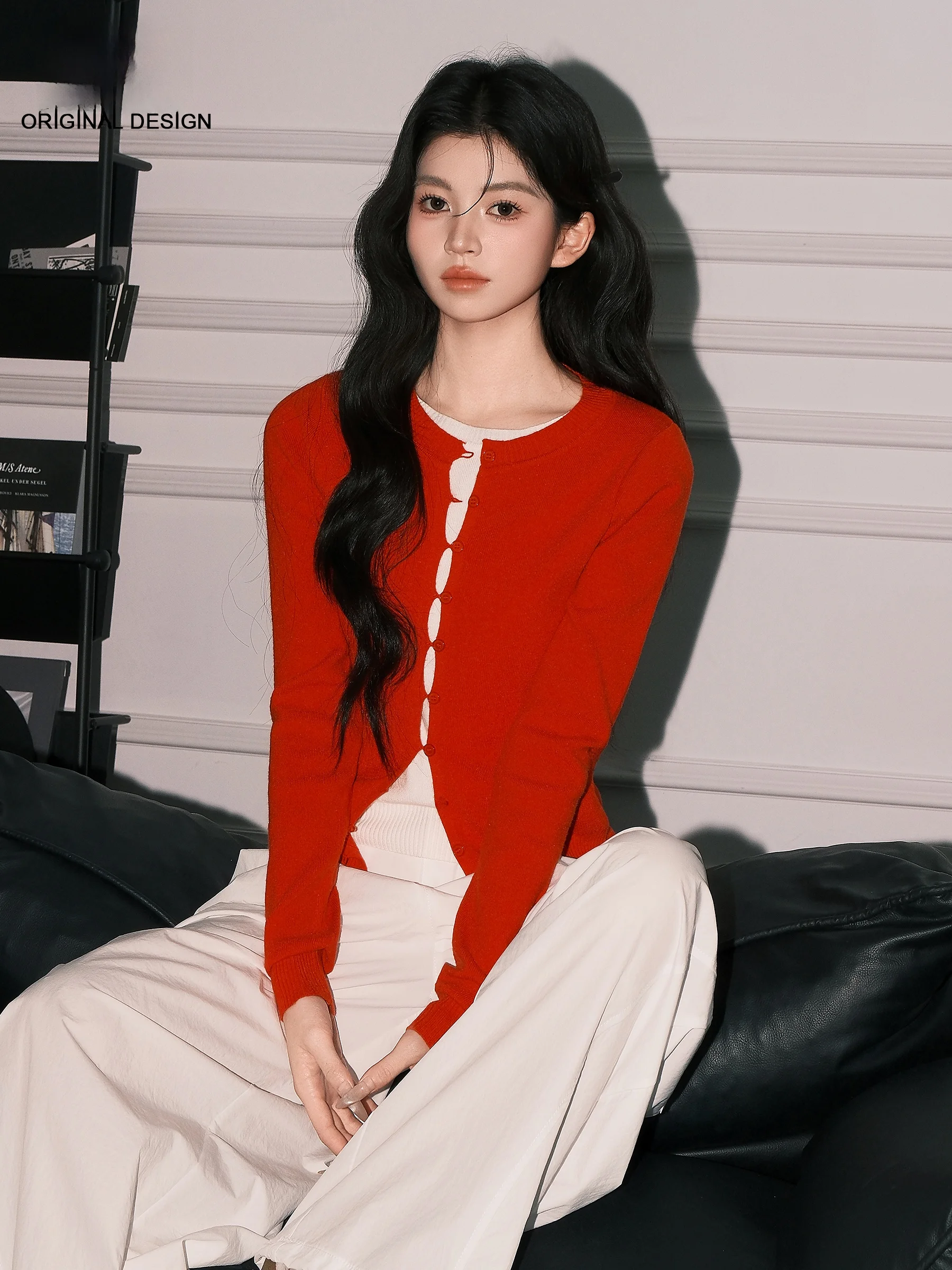 

Red Knitted Long Sleeve Open Cardigan Women's Slim Fit Base Shirt Top Early Autumn New Style Casual Style Fiber Blend