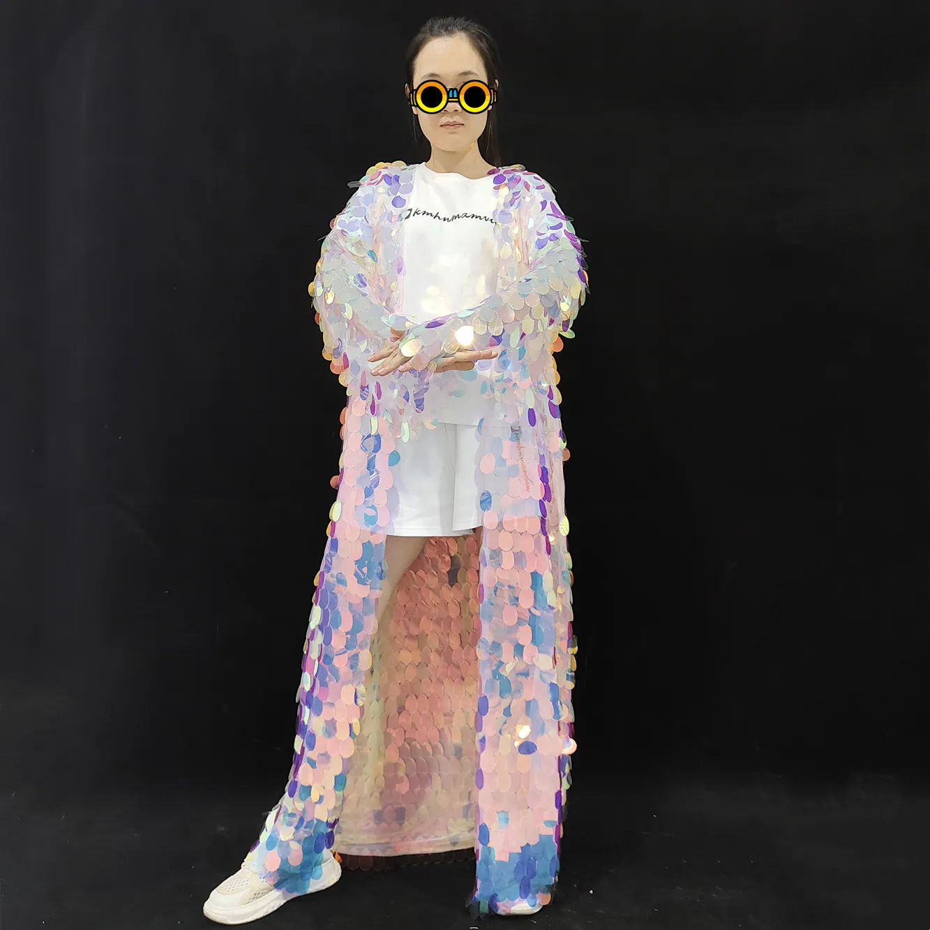 Pink Sequins Mesh Extra Long Coat Women Carnival Party Birthday Celebrate Cardigan Jacket Singer Stage Performance Overcoat