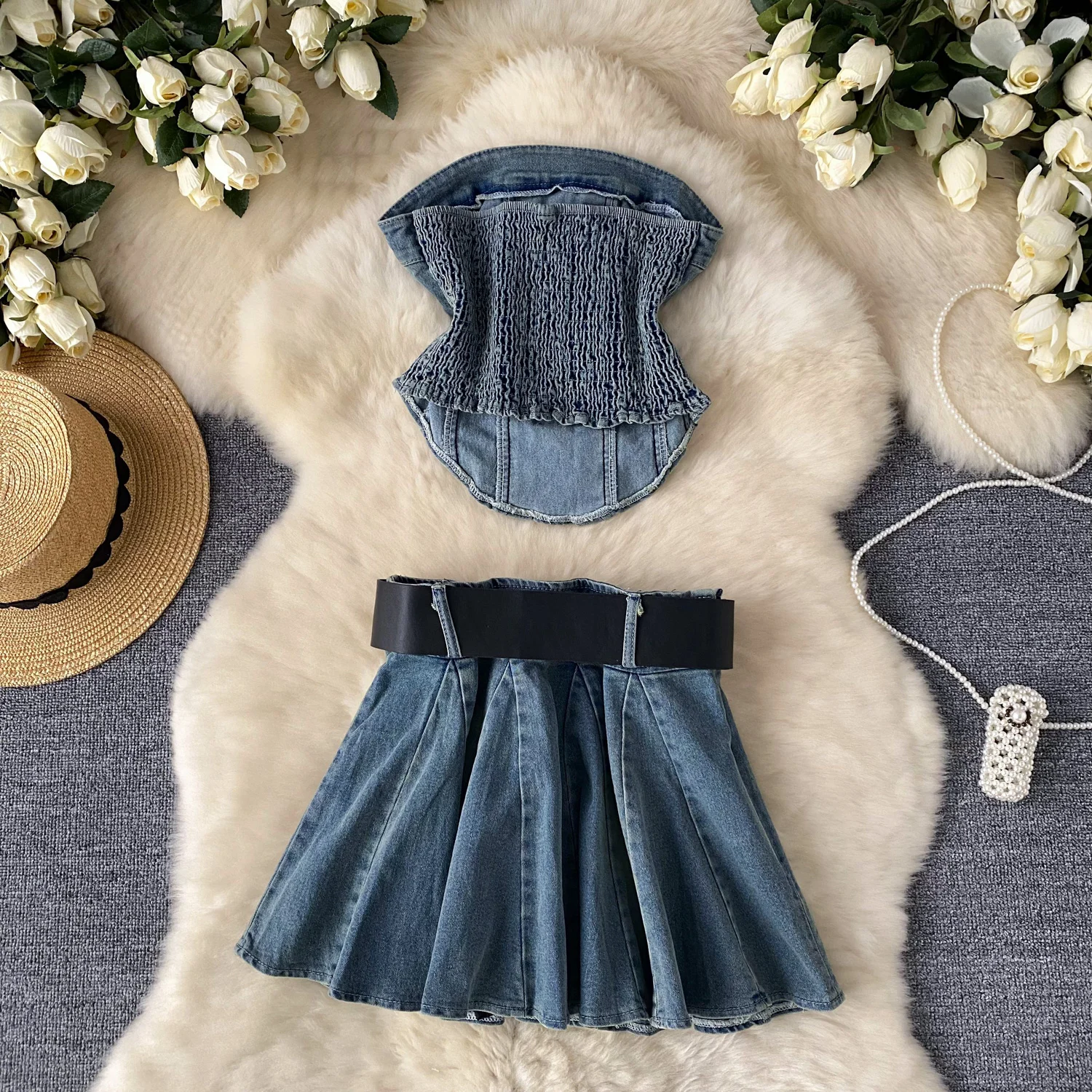 Women Denim Mini Skirts Suits Summer Bandage Short Strap Jeans Vest Tops And Mini Pleated Jeans Skirt Two-piece Sets