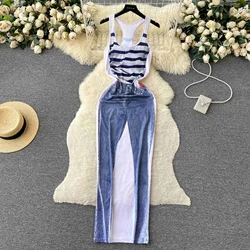 Fashion Women Summer Tank Dress Casual Streetwear Retro Style Striped Printed O Neck Sleeveless Slim Bodycon Maxi Dress Outfits