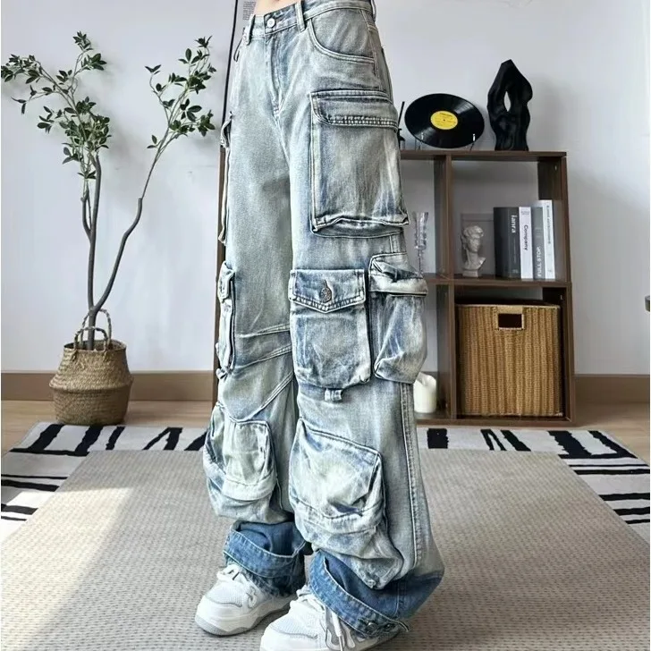 American Spice Girl Heavy Industry High Street Multi-Pocket Wide Leg Hip Hop Jeans Y2K High Waist Baggy Straight Pants Tide