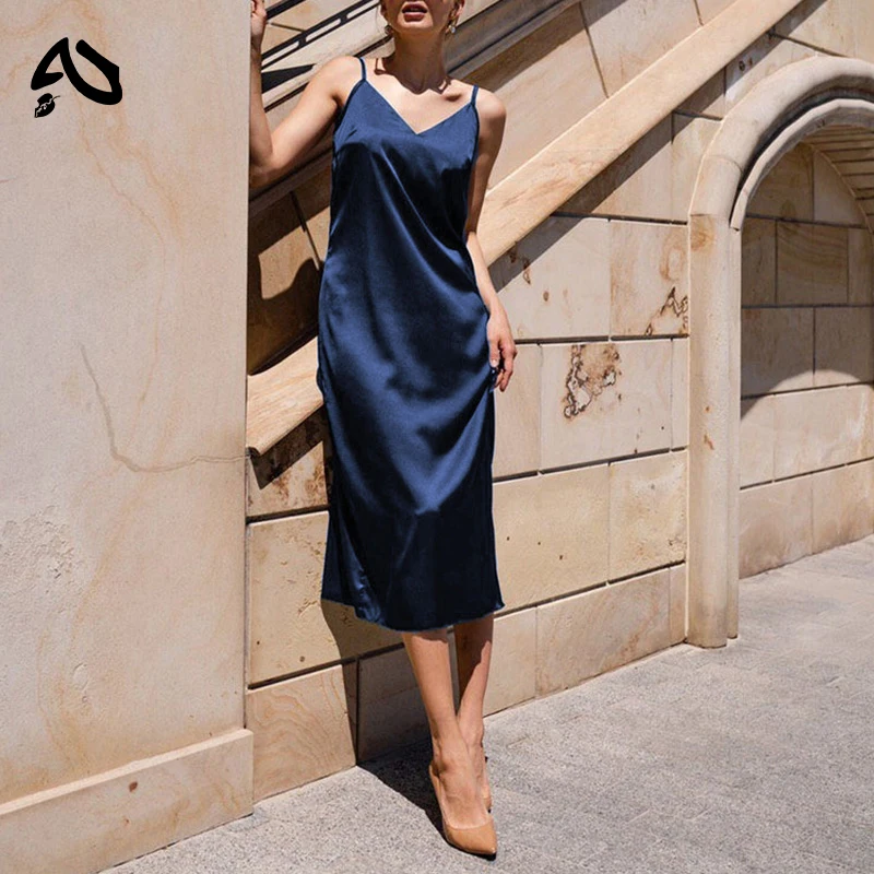 

Атласное летнее платье на бретельках с V-образным вырезом и открытой спиной, длинные платья для женщин, вечерние сексуальные платья, сарафан